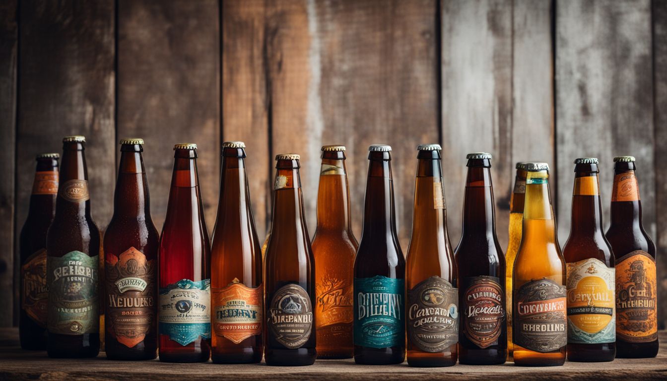 Craft beer bottles in a rustic brewery with diverse people and styles.