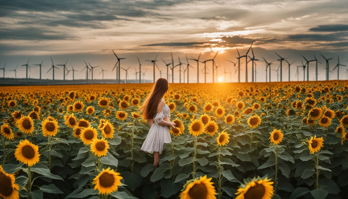 A field of sunflowers with wind turbines in the background.