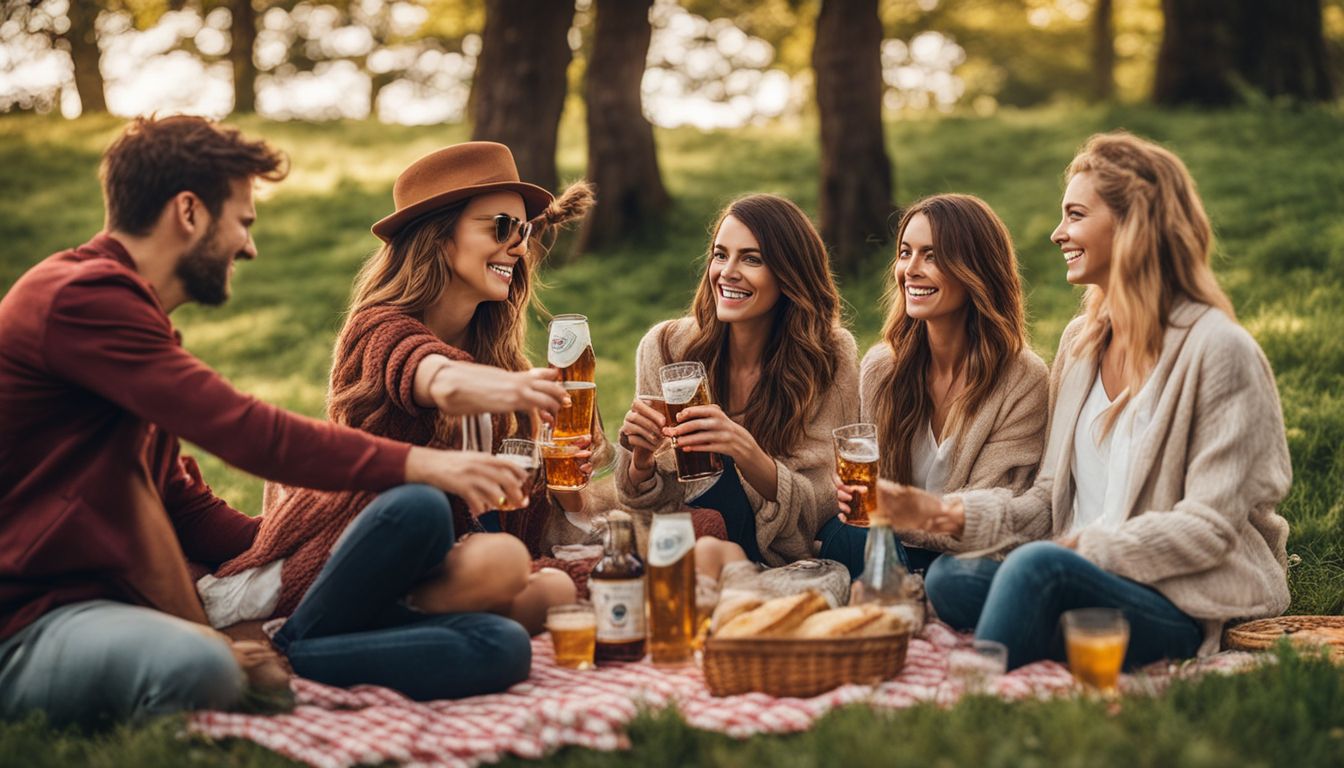 A diverse group of friends enjoying a picnic with low-alcohol and non-alcoholic beers.