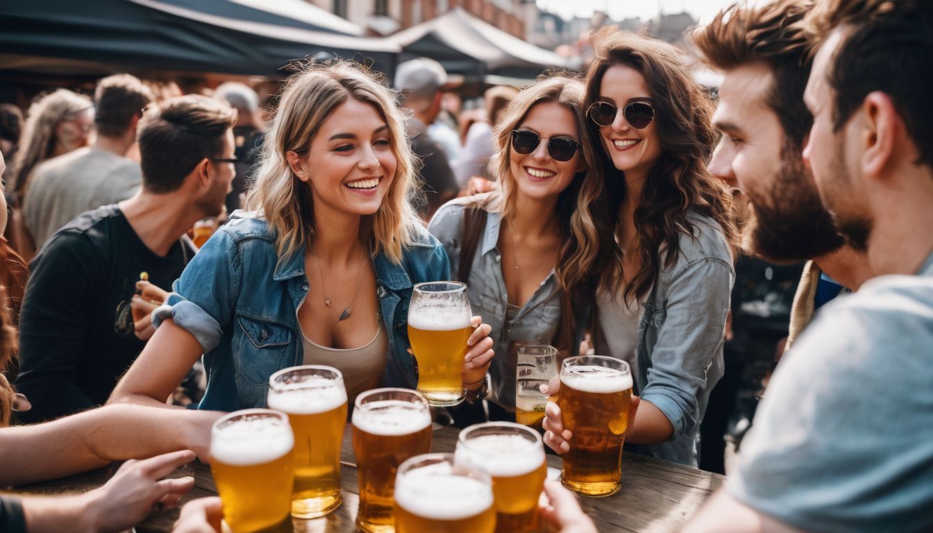 Friends enjoying beer festival in vibrant cityscape, captured in sharp detail.