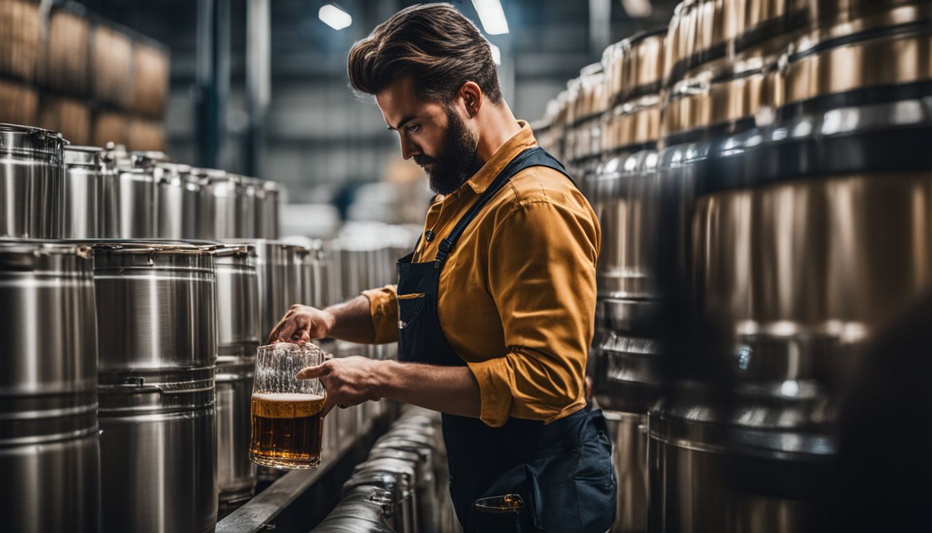 Brewery worker inspecting beer barrels in a busy production line.