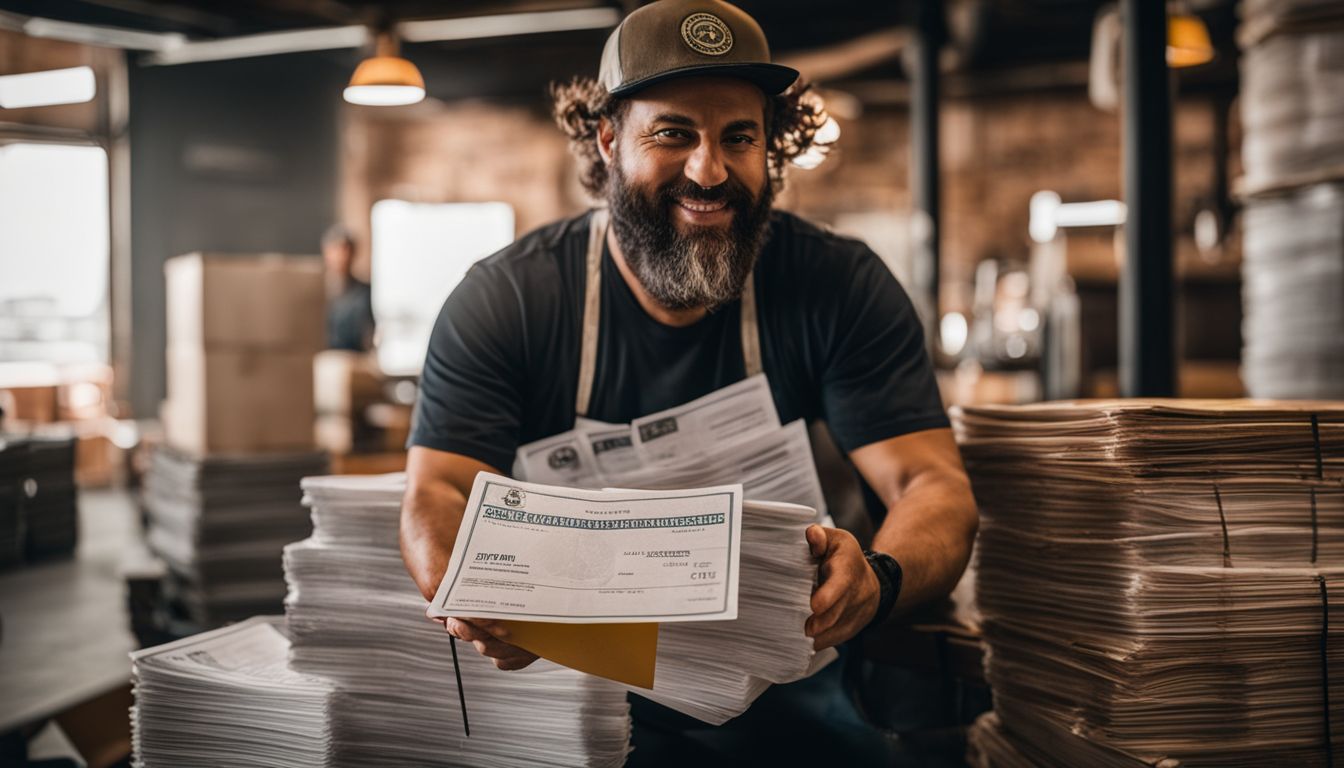 Brewery owner surrounded by permits and licenses in busy atmosphere.