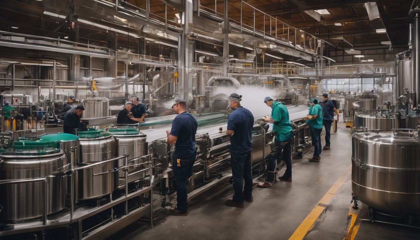 A busy brewery production line with workers and machinery.