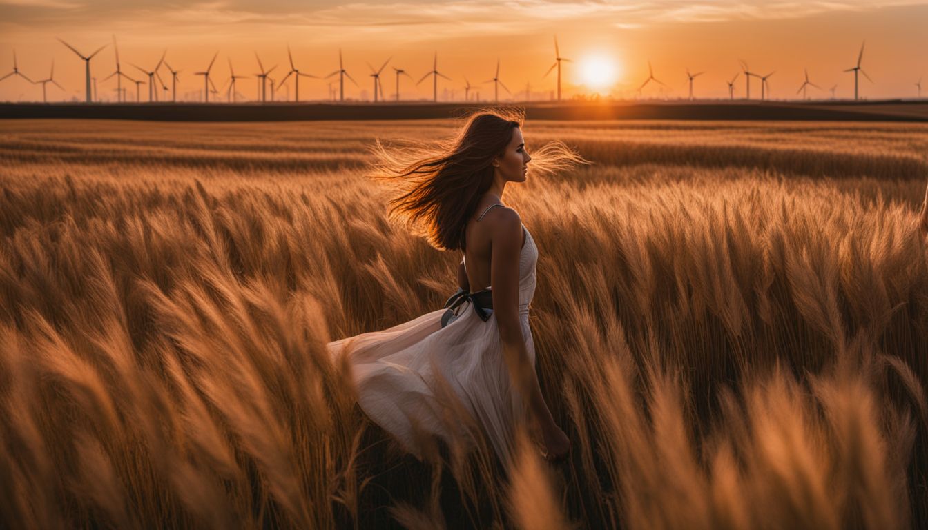 A scenic photo featuring barley fields, wind turbines, and diverse people.