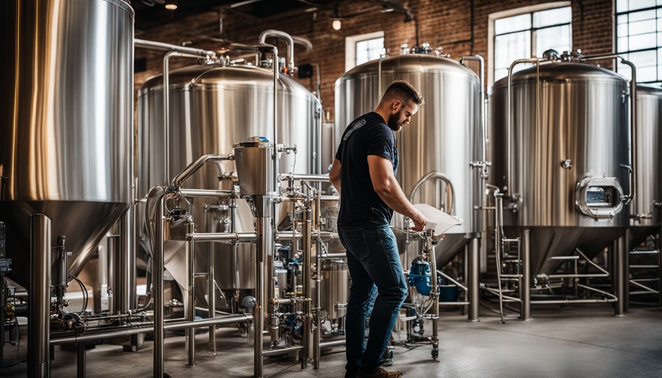 Craft brewer examining water-efficient brewing system in a sunlit brewery.
