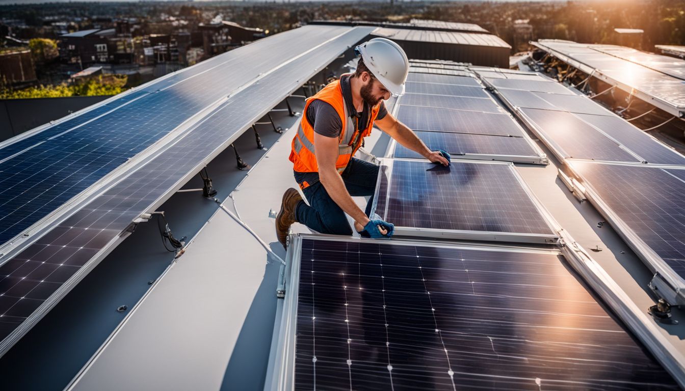 Brewery worker installing solar panels on roof in bustling cityscape.