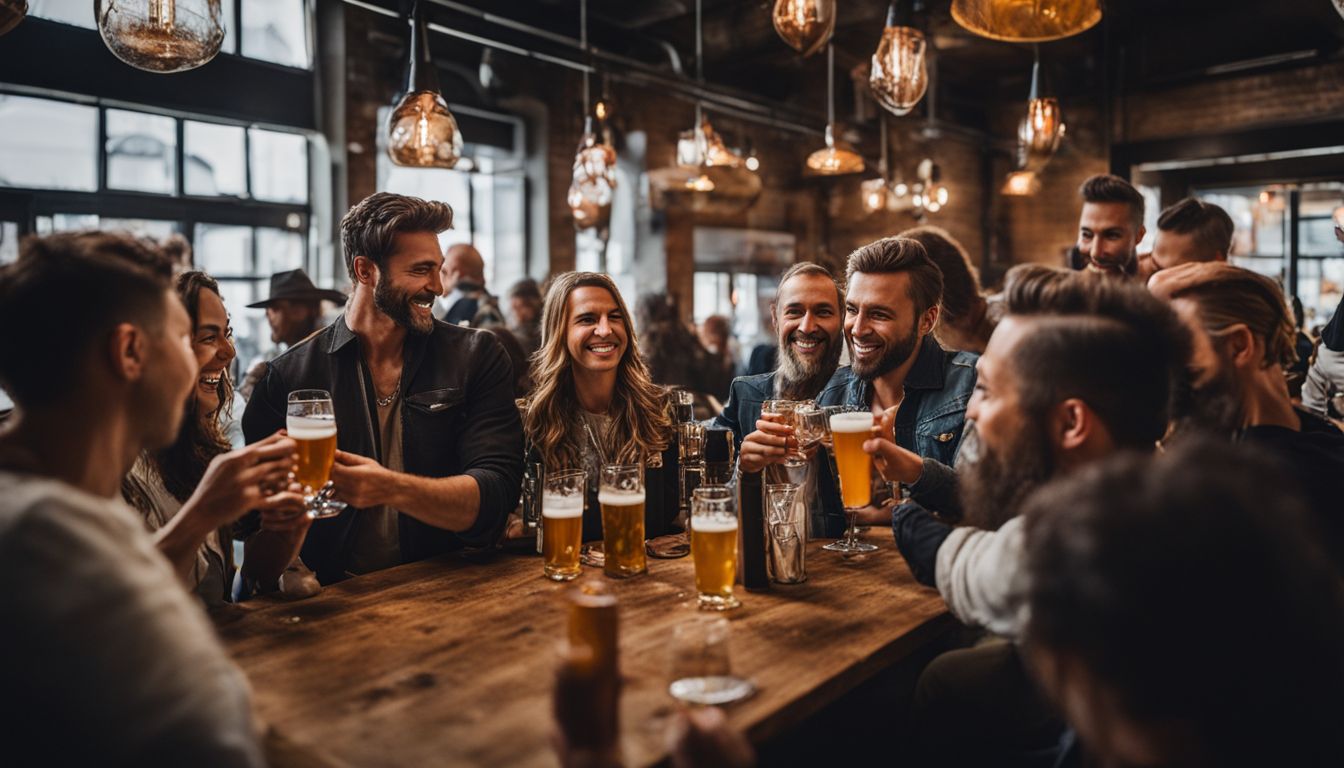 Group of people at a brewery event interacting and raising glasses.