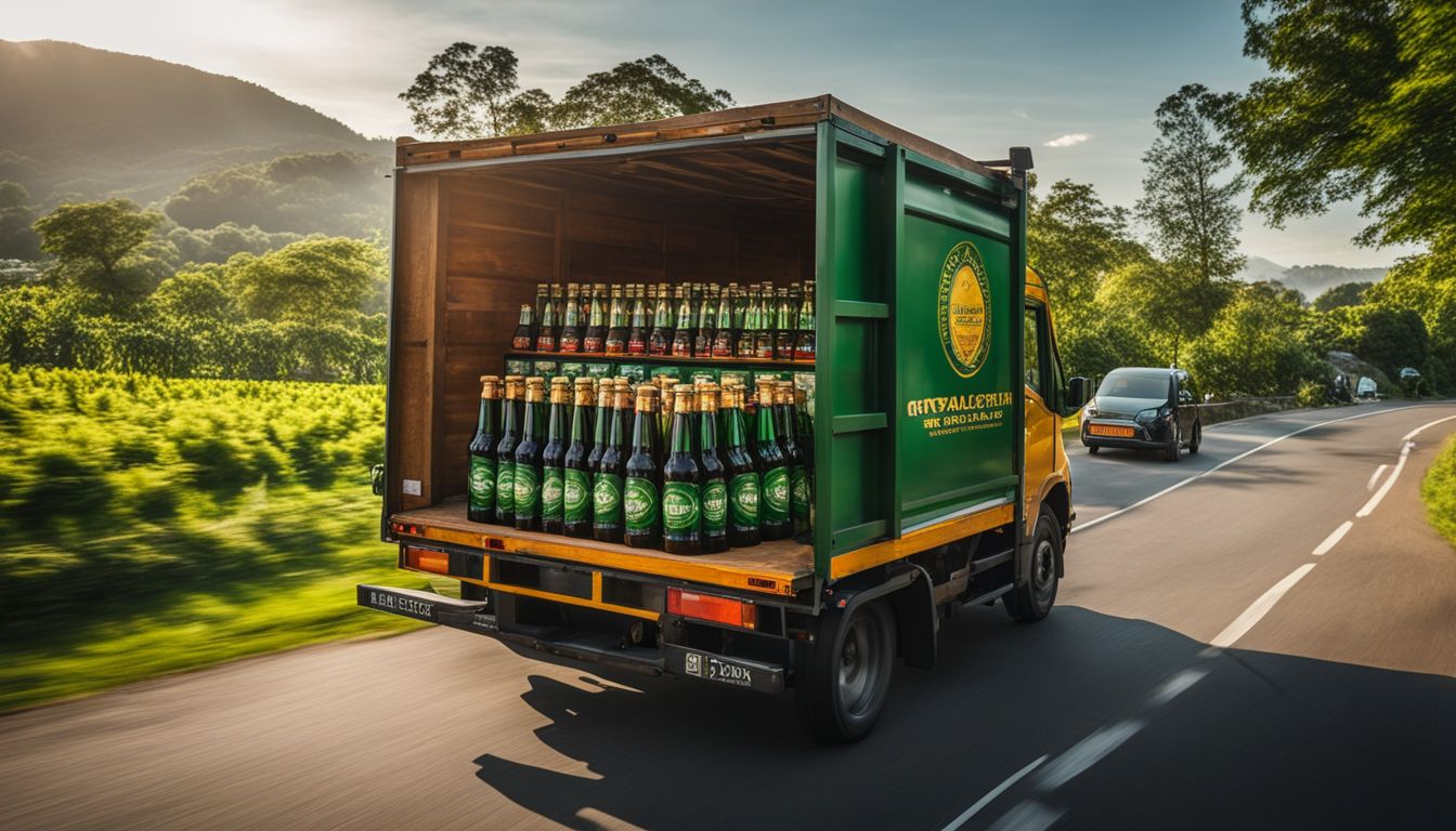 A delivery truck with beer surrounded by diverse people and environments.