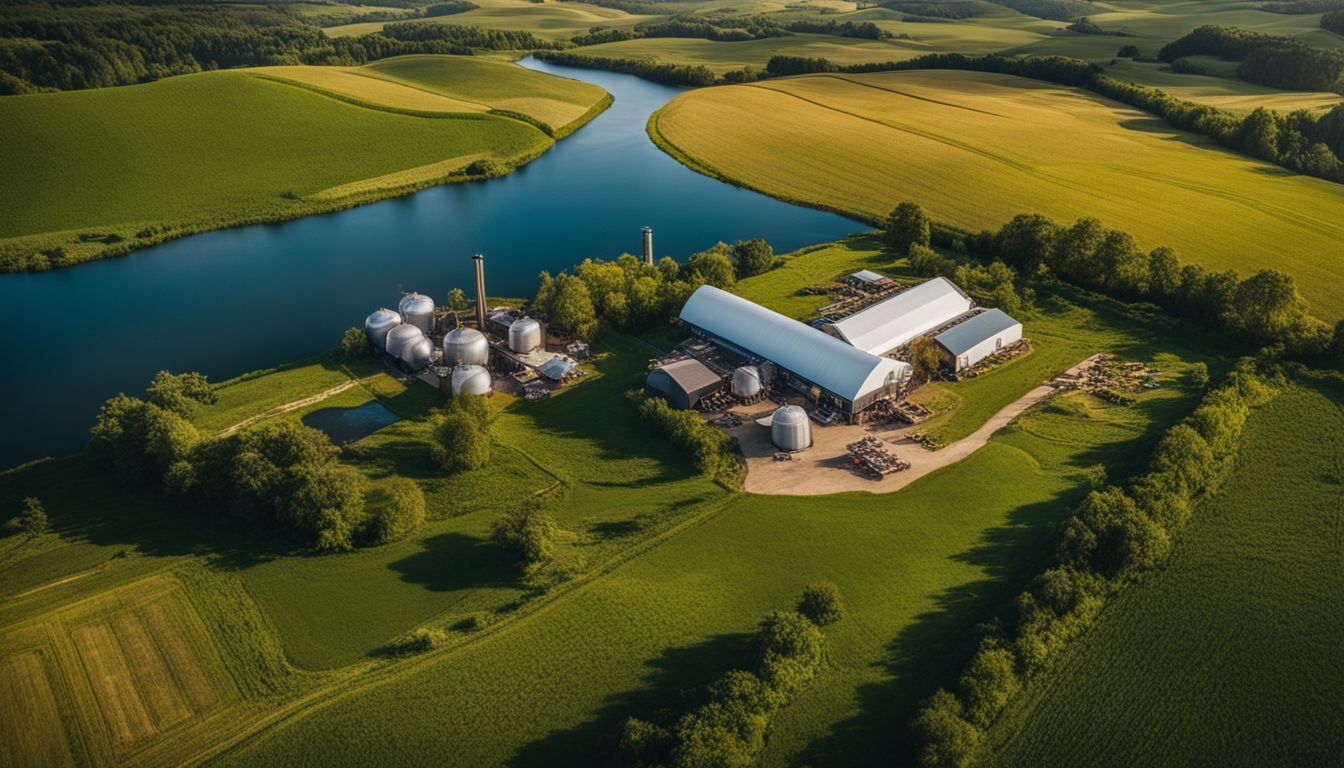 A sustainable craft brewery in a scenic countryside surrounded by fields.