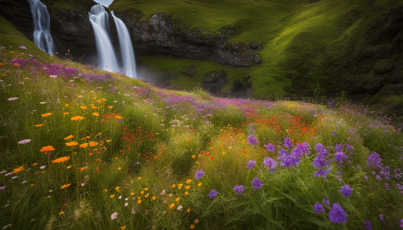 A picturesque field of wildflowers with a flowing waterfall backdrop.