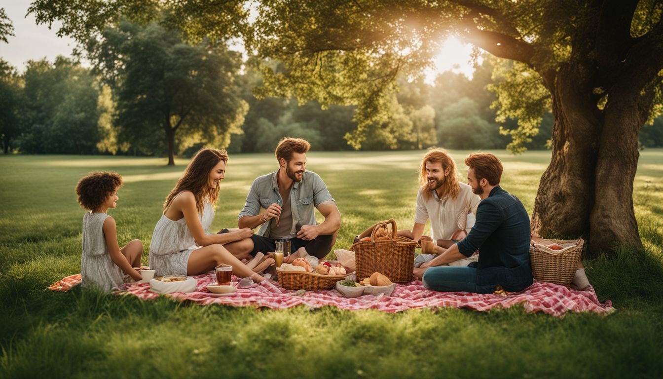 A diverse group of people enjoying a picnic in a green park.