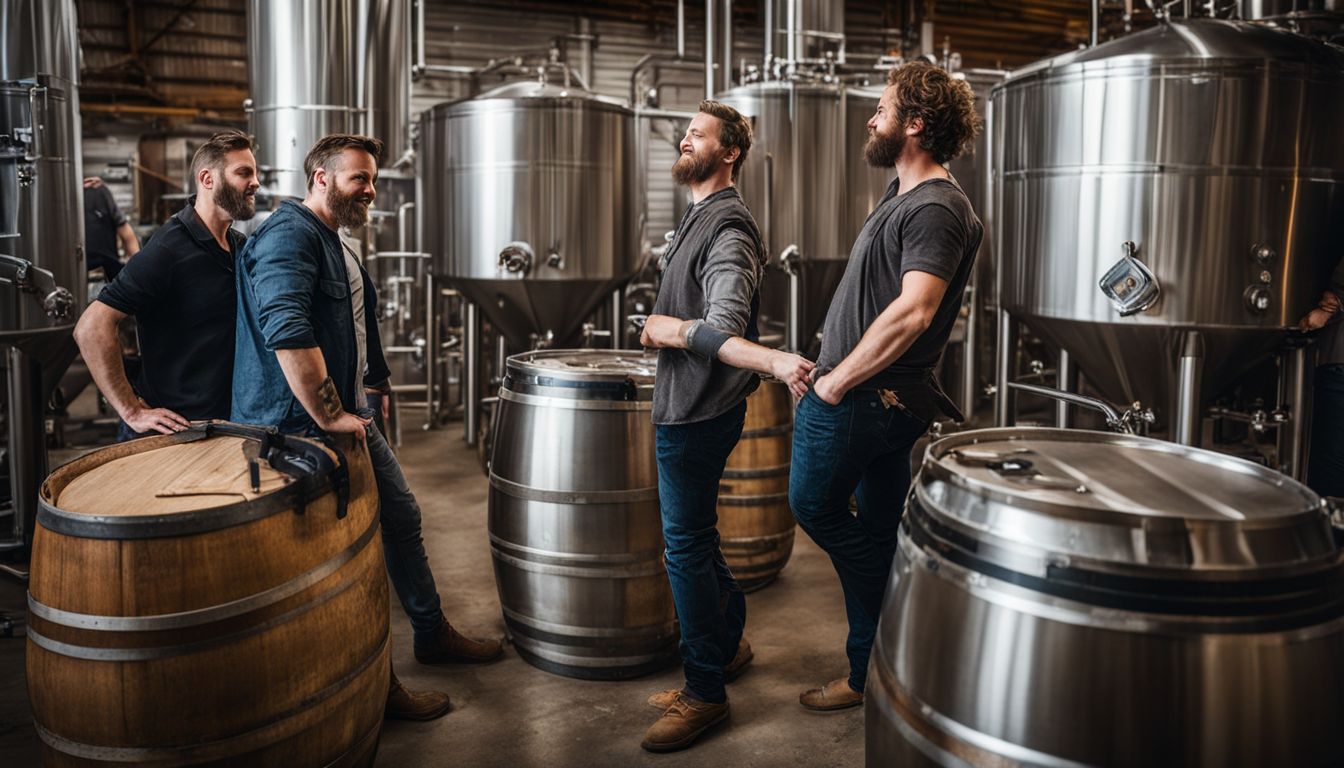 Craft beer makers in a brewery surrounded by sustainable brewing equipment.