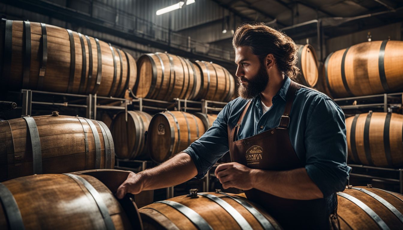 Brewery worker inspects beer barrels in bustling production facility.