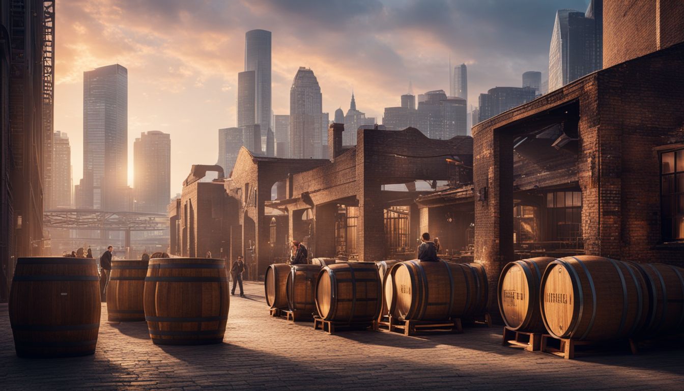 A brewery with stacks of beer barrels in a cityscape backdrop.