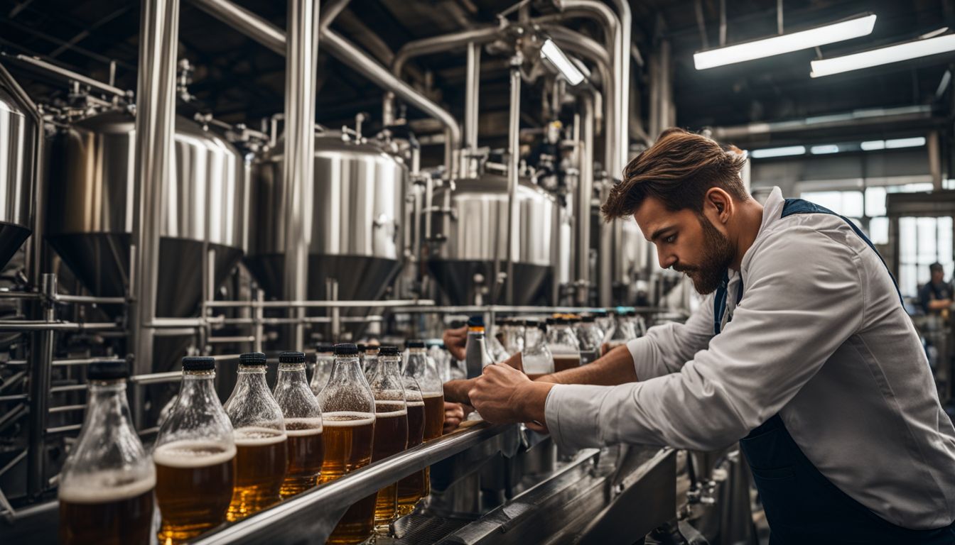 A brewery worker inspecting a beer production line in a bustling atmosphere.