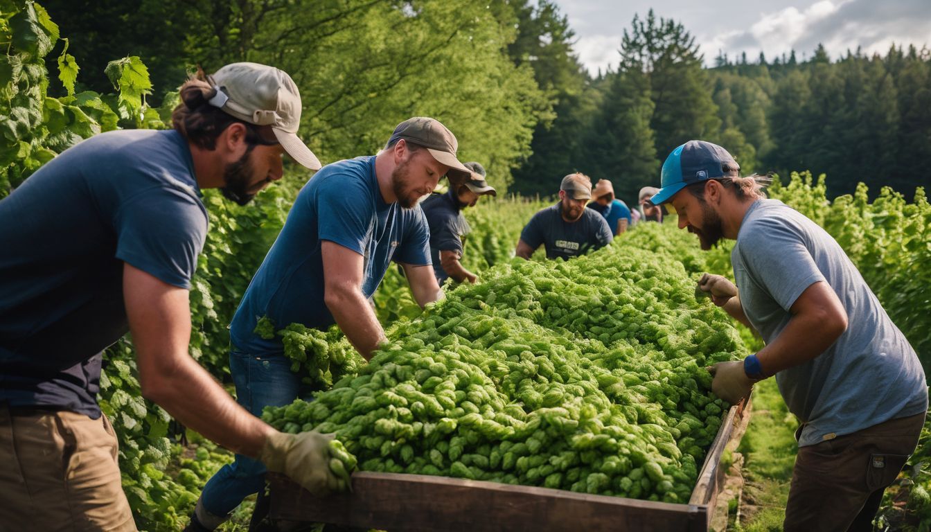 Brewery workers harvest hops in a sustainable garden.