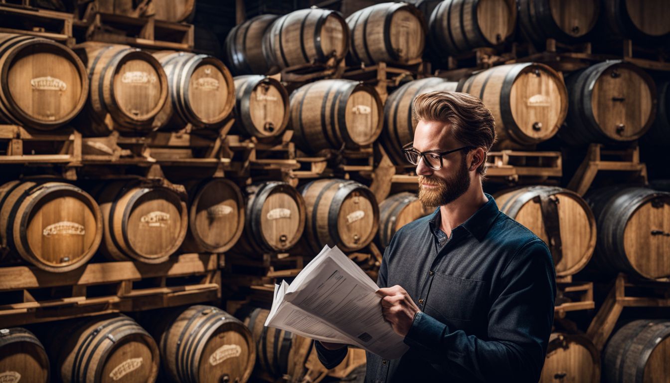Craft brewery owner examining financial documents surrounded by beer barrels.