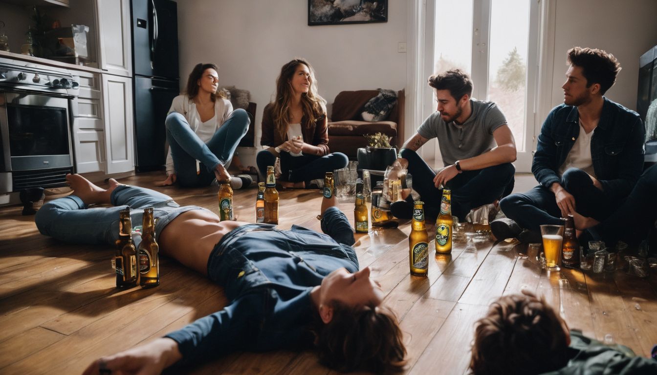 Group of young adults partying surrounded by empty beer bottles.