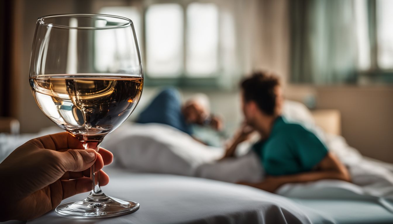An empty wine glass on a table with a blurred hospital background.