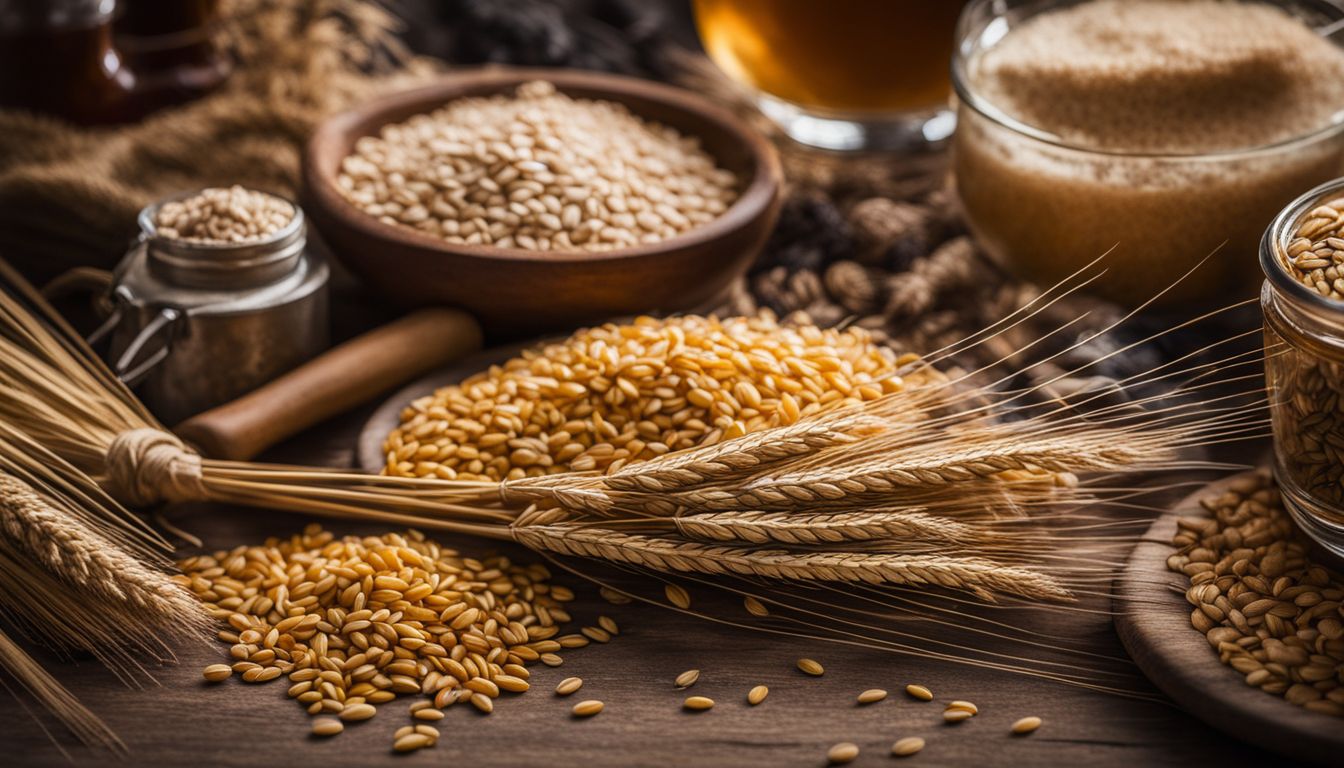 A photo of barley and wheat surrounded by brewing equipment and ingredients.