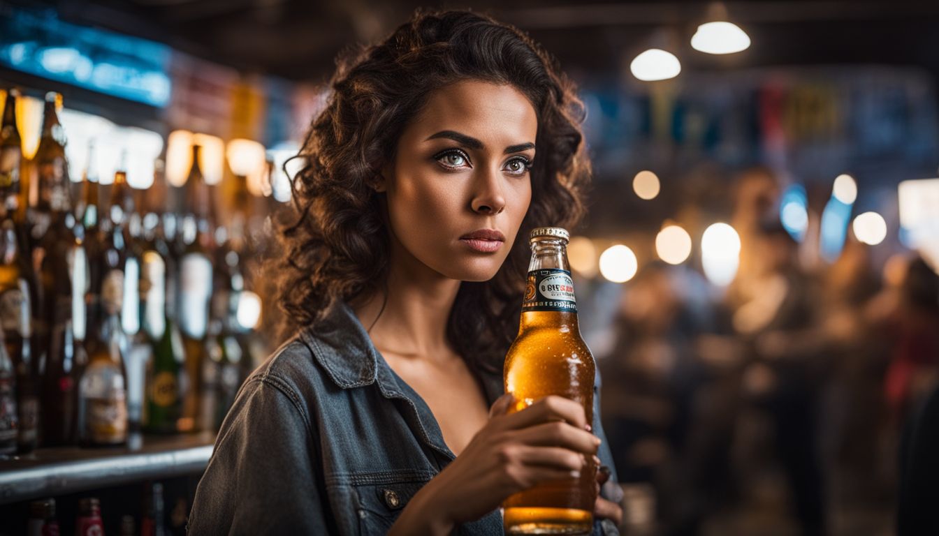 A worried woman holding a beer bottle surrounded by warning signs.