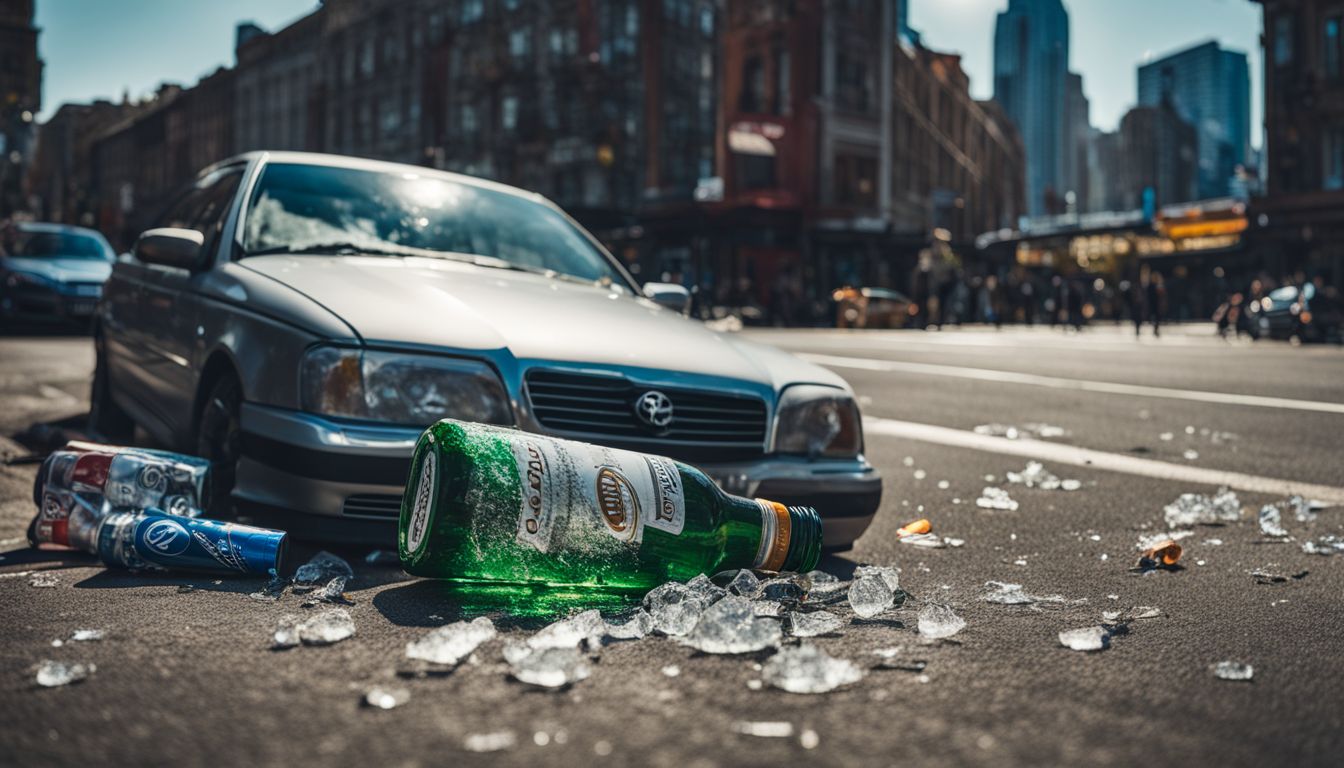 A broken beer bottle next to a car in a city.