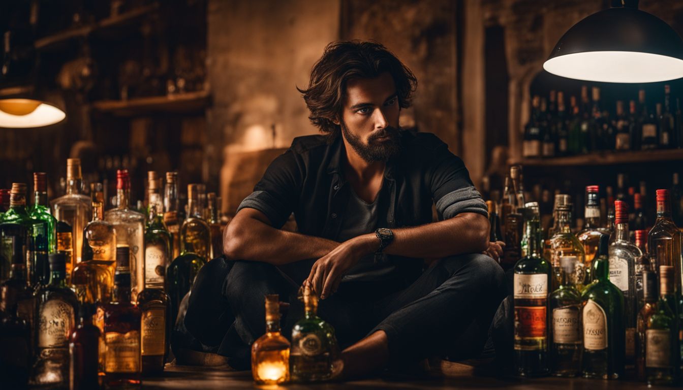 A person alone in a room surrounded by empty alcohol bottles.