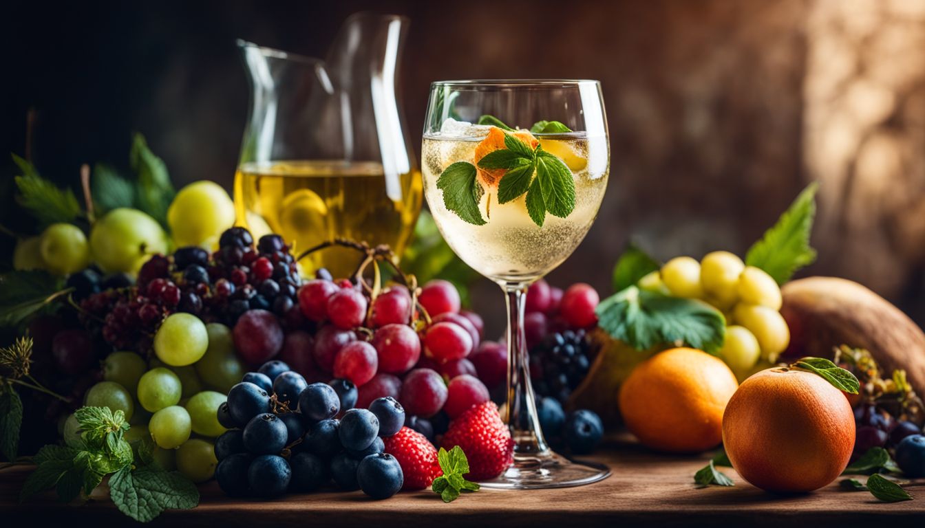 A beautifully arranged still life with a wine glass and fruits.