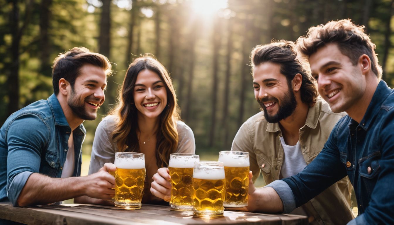 Group of Caucasian friends enjoying beer varieties at a sunny picnic.