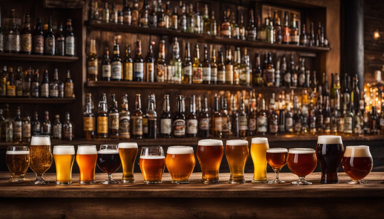 A variety of beer glasses filled with different types of beer.