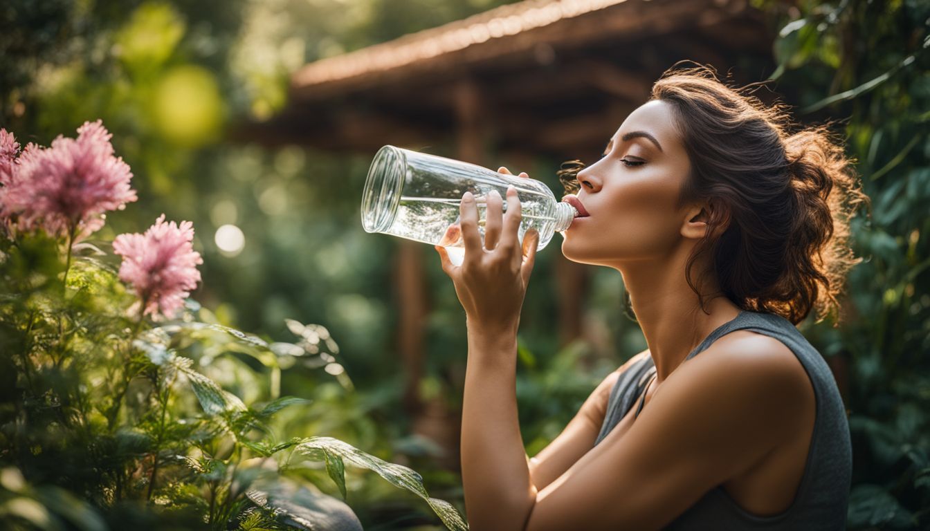 A woman in a garden drinking water in various settings.