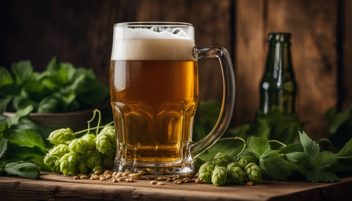 A glass of beer on a wooden table surrounded by plants.