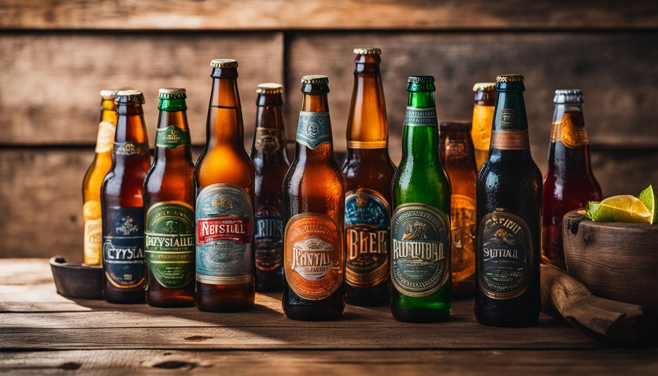 Assorted colorful beer bottles displayed on rustic wooden table.