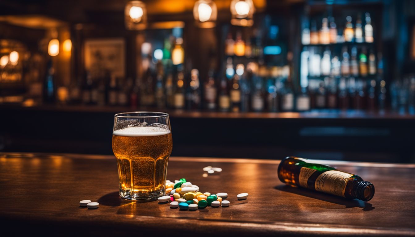 A photo of a bar counter with beer bottle and pills.