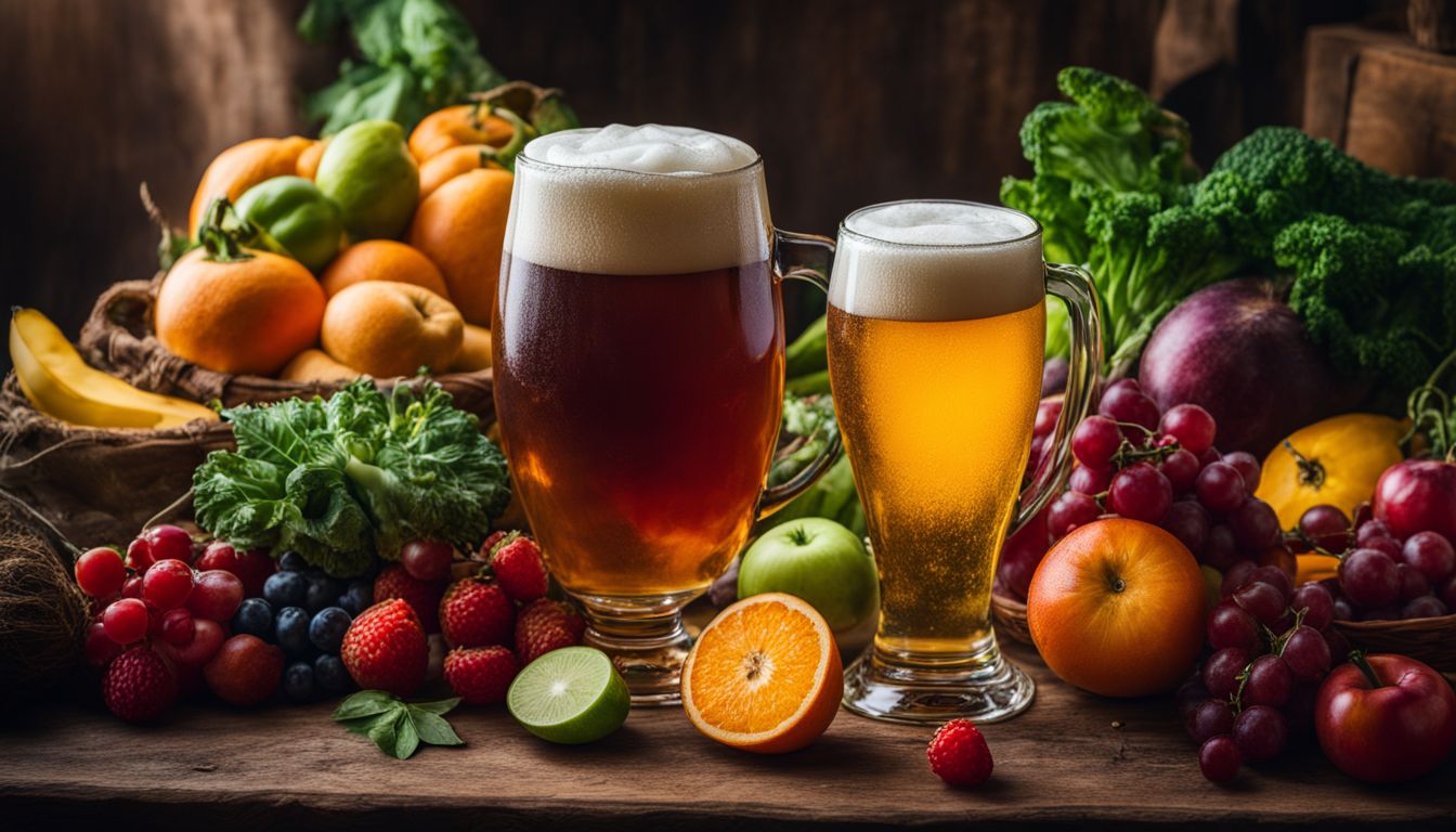 Glass of beer surrounded by colorful fruits and vegetables in bustling atmosphere.