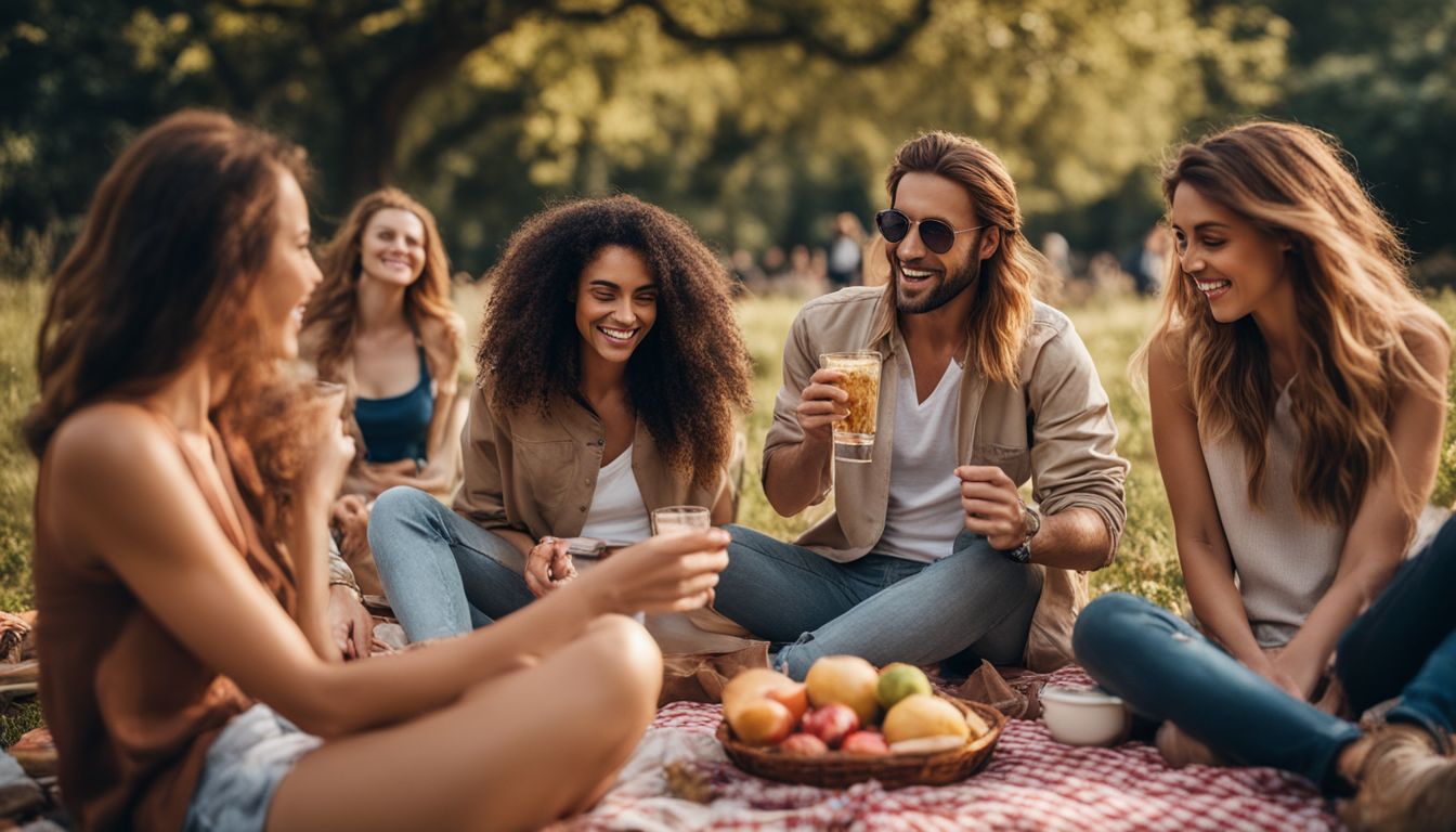 A diverse group of friends enjoying a picnic in a park.