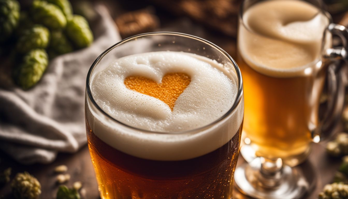 Close-up photo of a heart-shaped foam beer surrounded by ingredients.