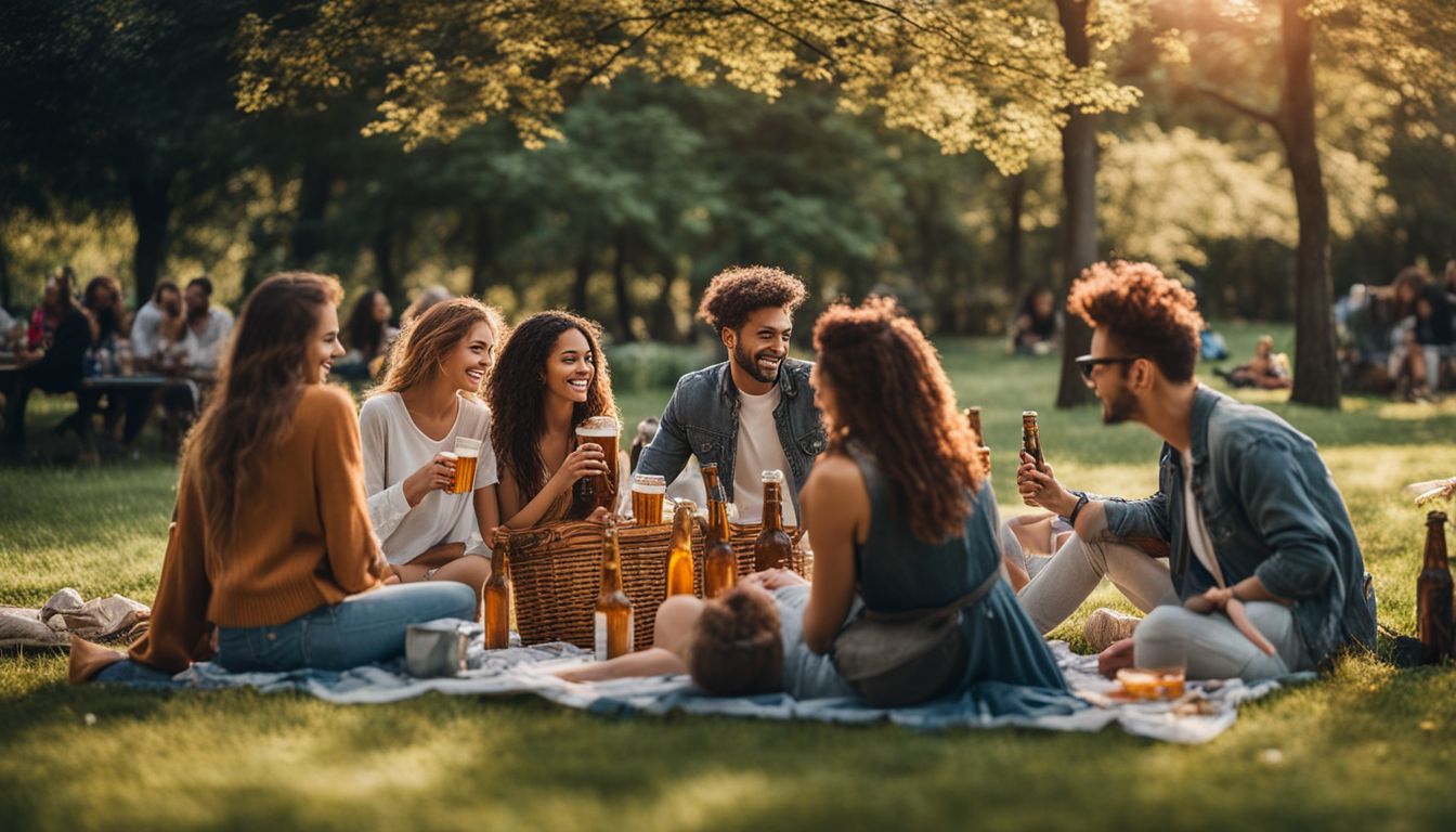 A diverse group of friends enjoying a picnic in a park.
