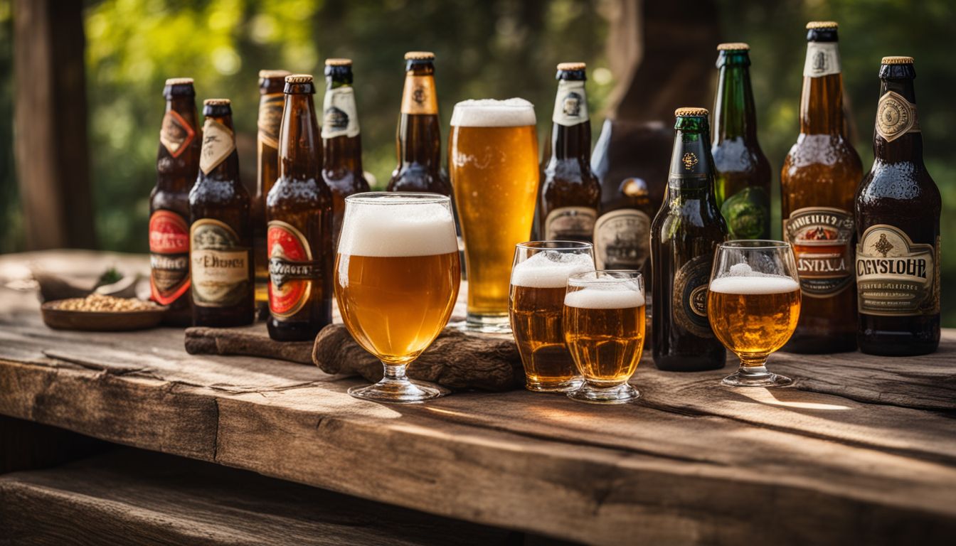 Photo of various beer bottles and glasses on wooden table.