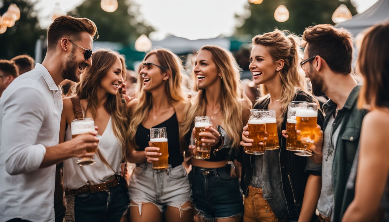A diverse group of friends having fun at an outdoor beer festival.