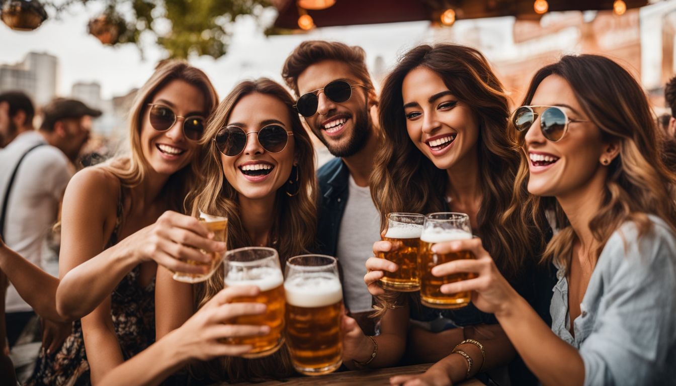 A diverse group of friends cheers with beers in a lively beer garden.