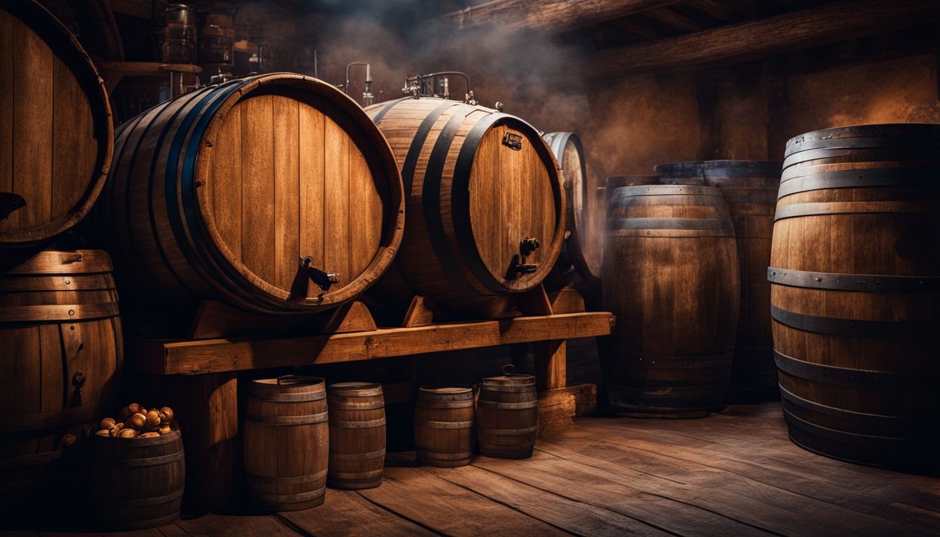 Traditional brewery with old wooden barrel and bustling atmosphere in photograph.