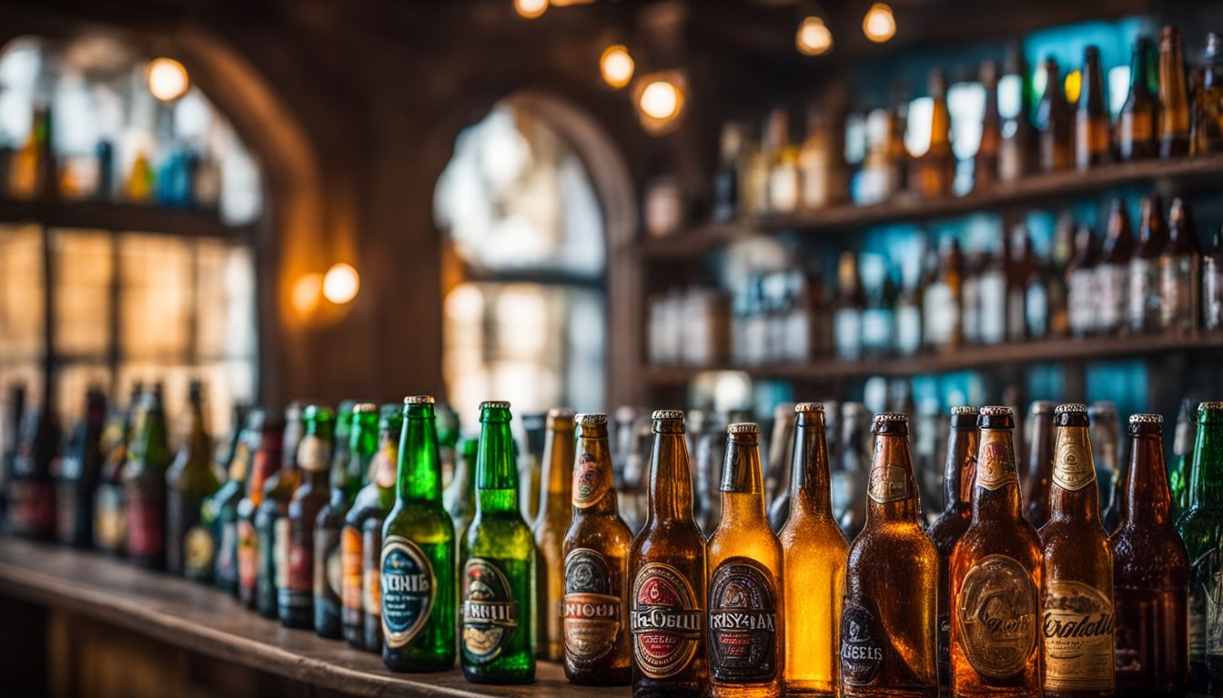 A photo of colorful beer bottles arranged artistically with various people.