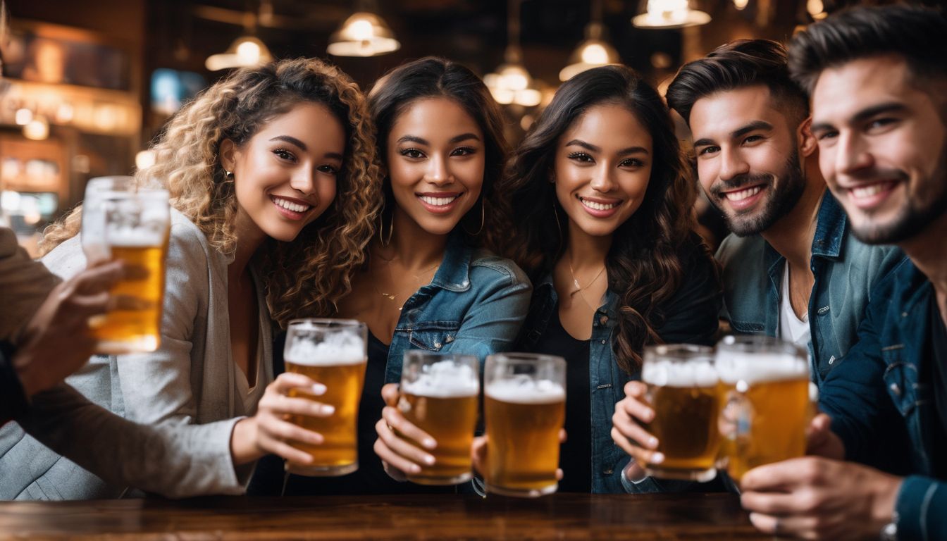 Group of friends raising beer glasses in a bar, captured in detail.