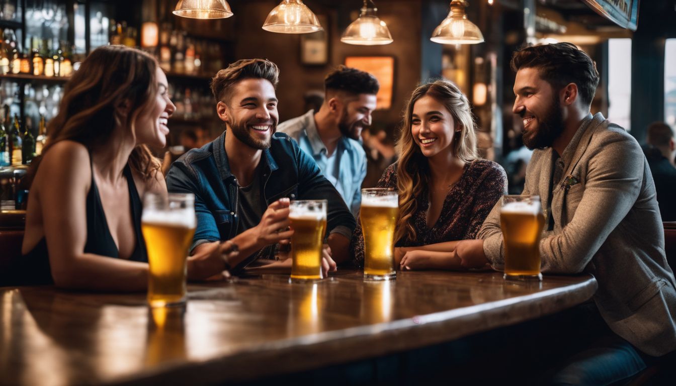 A diverse group of friends enjoying drinks at a vibrant bar.