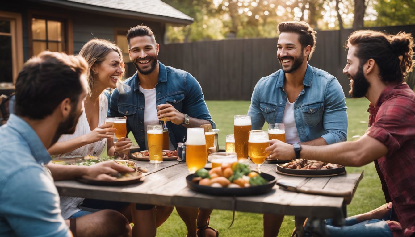 Group of friends enjoying a backyard barbecue with beer.