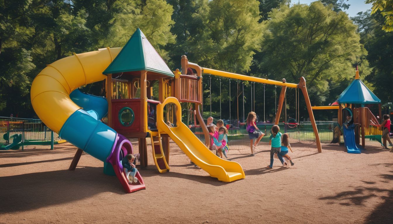 Children playing in a vibrant playground with diverse features and activities.