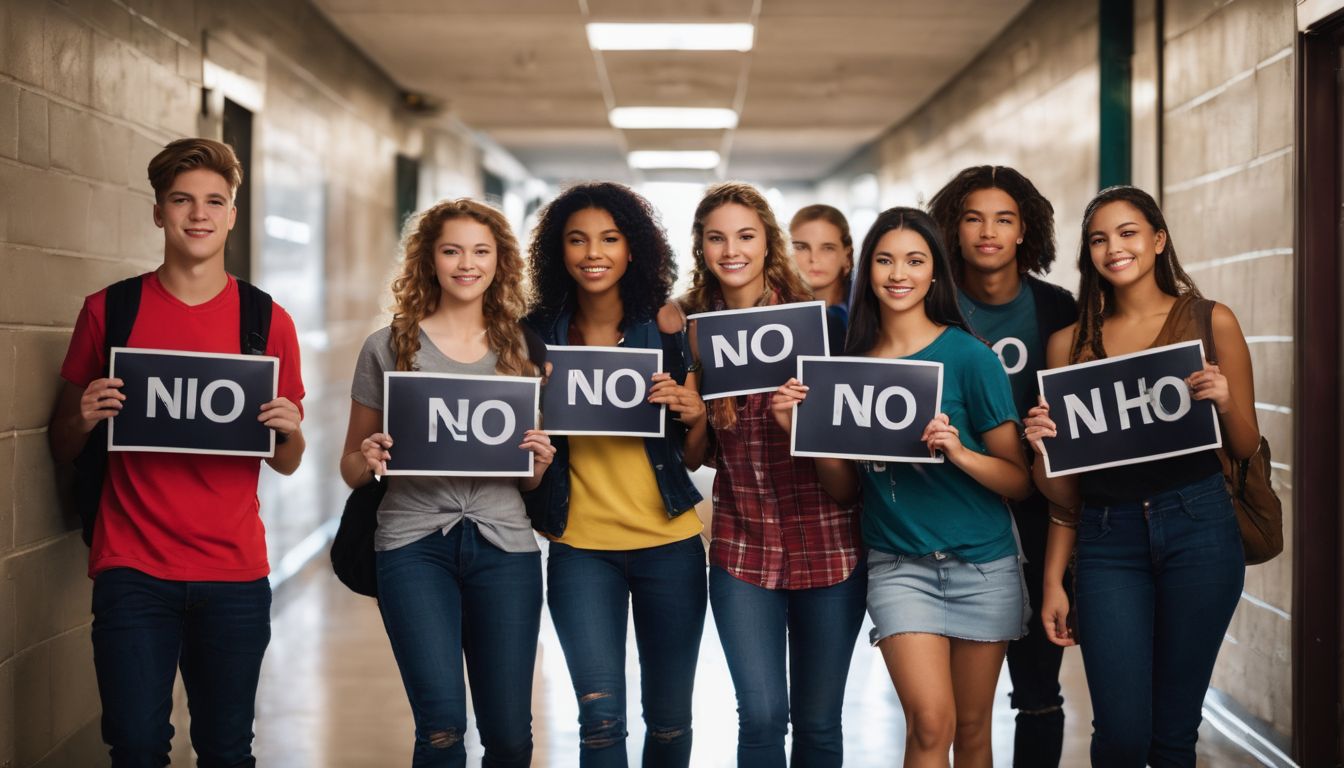 Diverse group of teens holding Say No to Alcohol banner in school hallway.