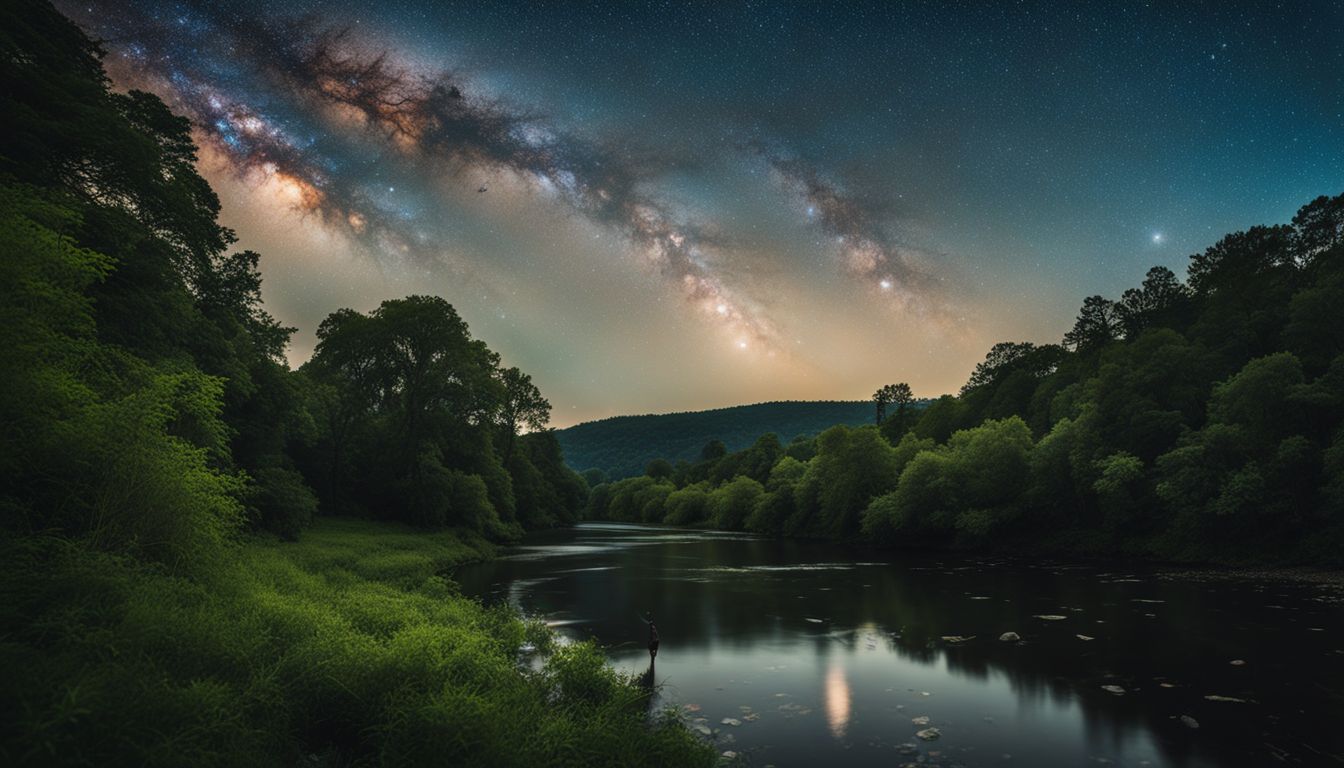 A tranquil river surrounded by trees and starry night sky.