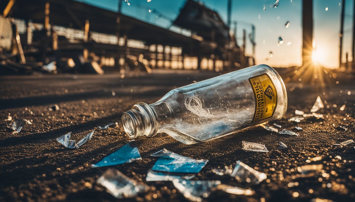 A broken glass bottle surrounded by caution signs and warning labels.